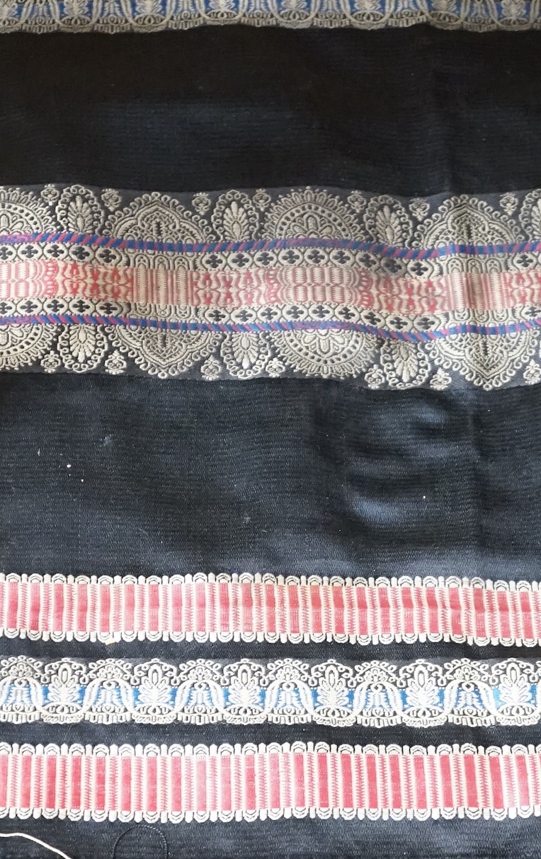 A Victorian black silk shawl woven, woven with multi-coloured Paisley designed stripes bordered with a silk multi-coloured fringe, 184cms square (not including fringe)